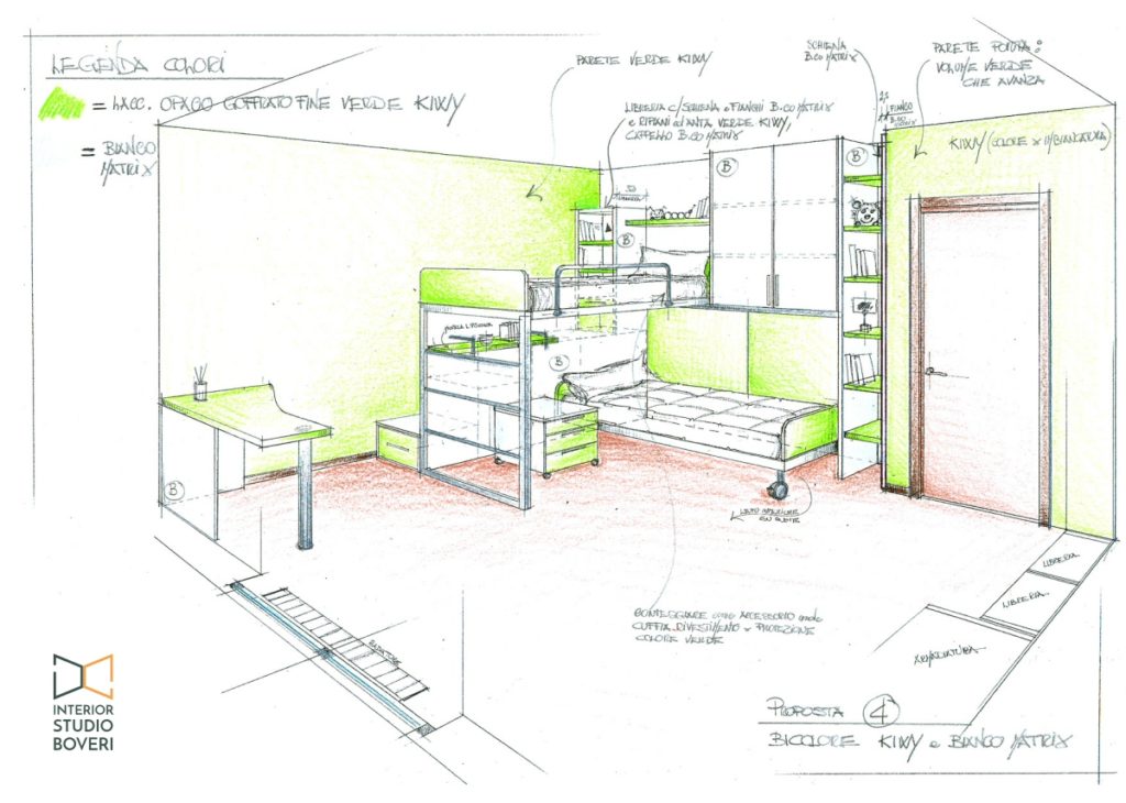 Arredamento cameretta 02 proposta colore 4 kiwi bianco matrix - Interior studio Boveri