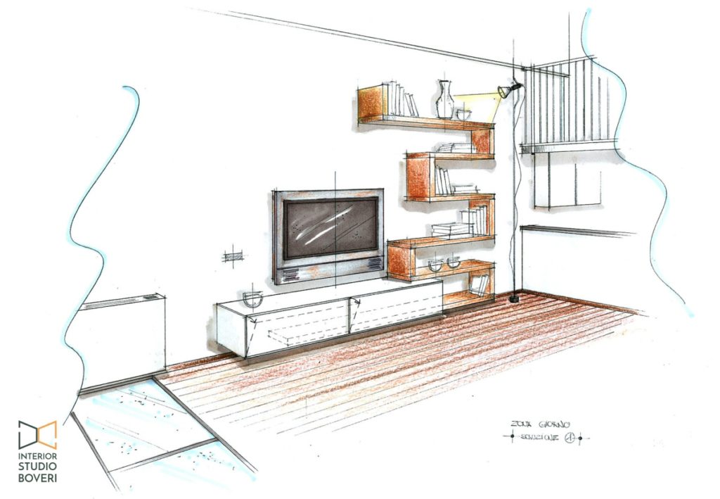 Arredamento soggiorno 01 prospettiva sol1 - Interior studio Boveri