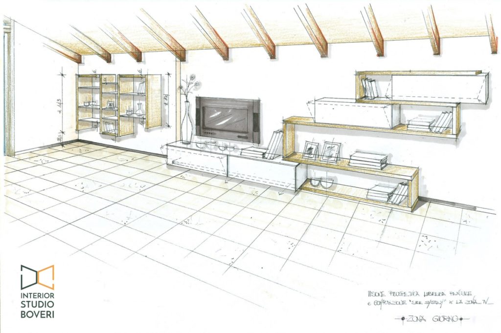 Preventivo zona giorno 17 prospettiva zona tv libreria pensile - Interior studio Boveri